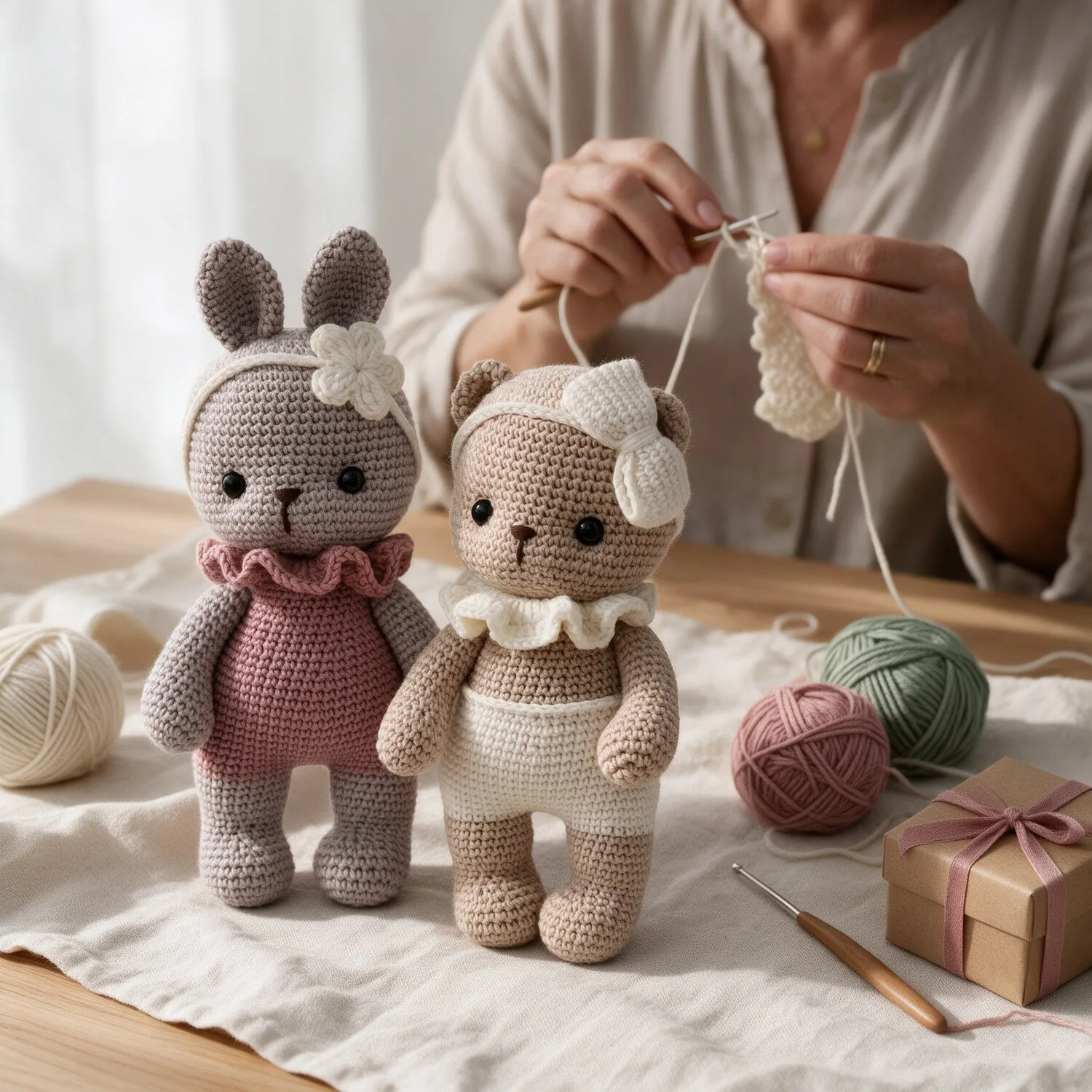 Kit Amigurumi Coelhinha e Ursinha de Vestido