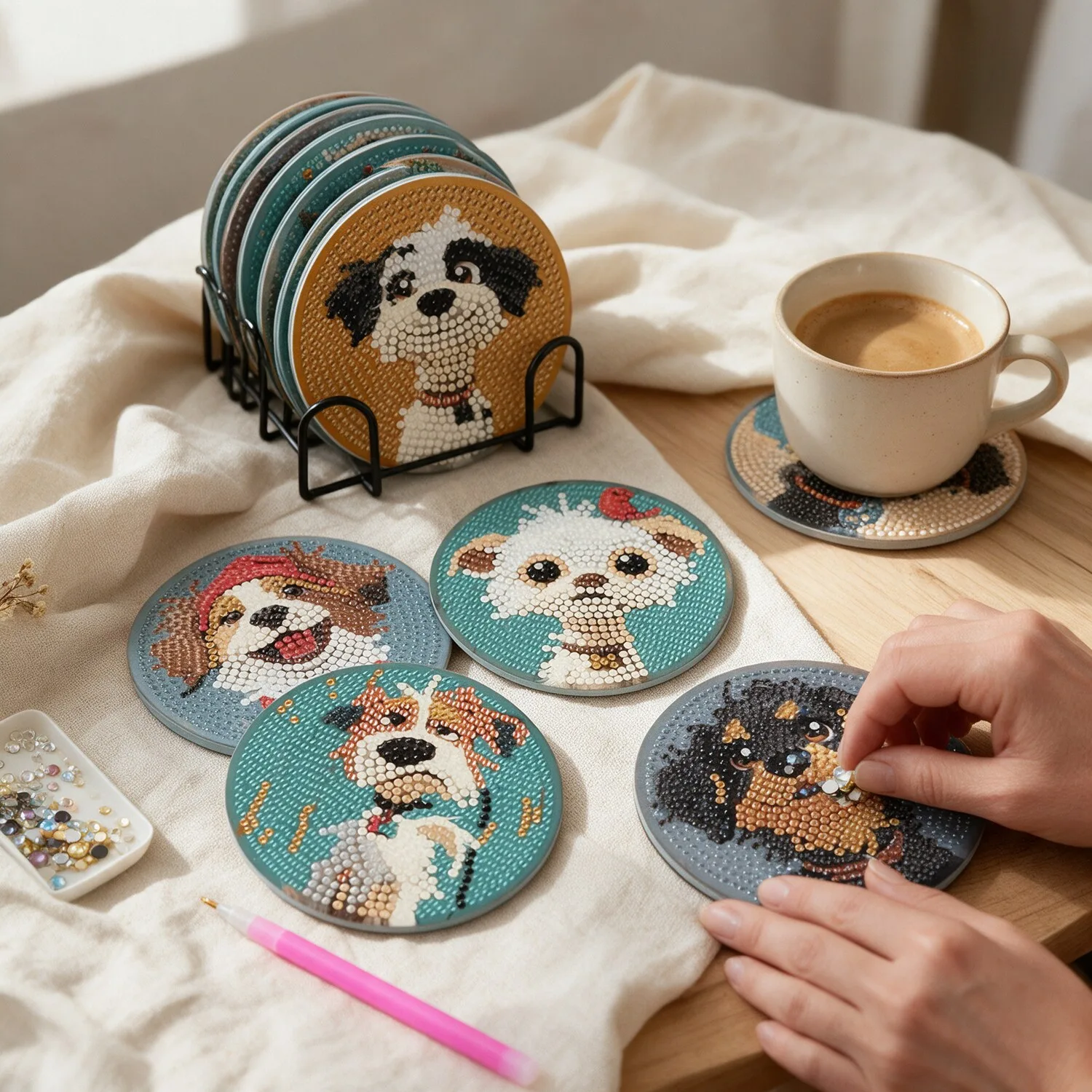 Pintura com Diamantes Porta-Copos Cachorrinhos com Suporte (8 peças)