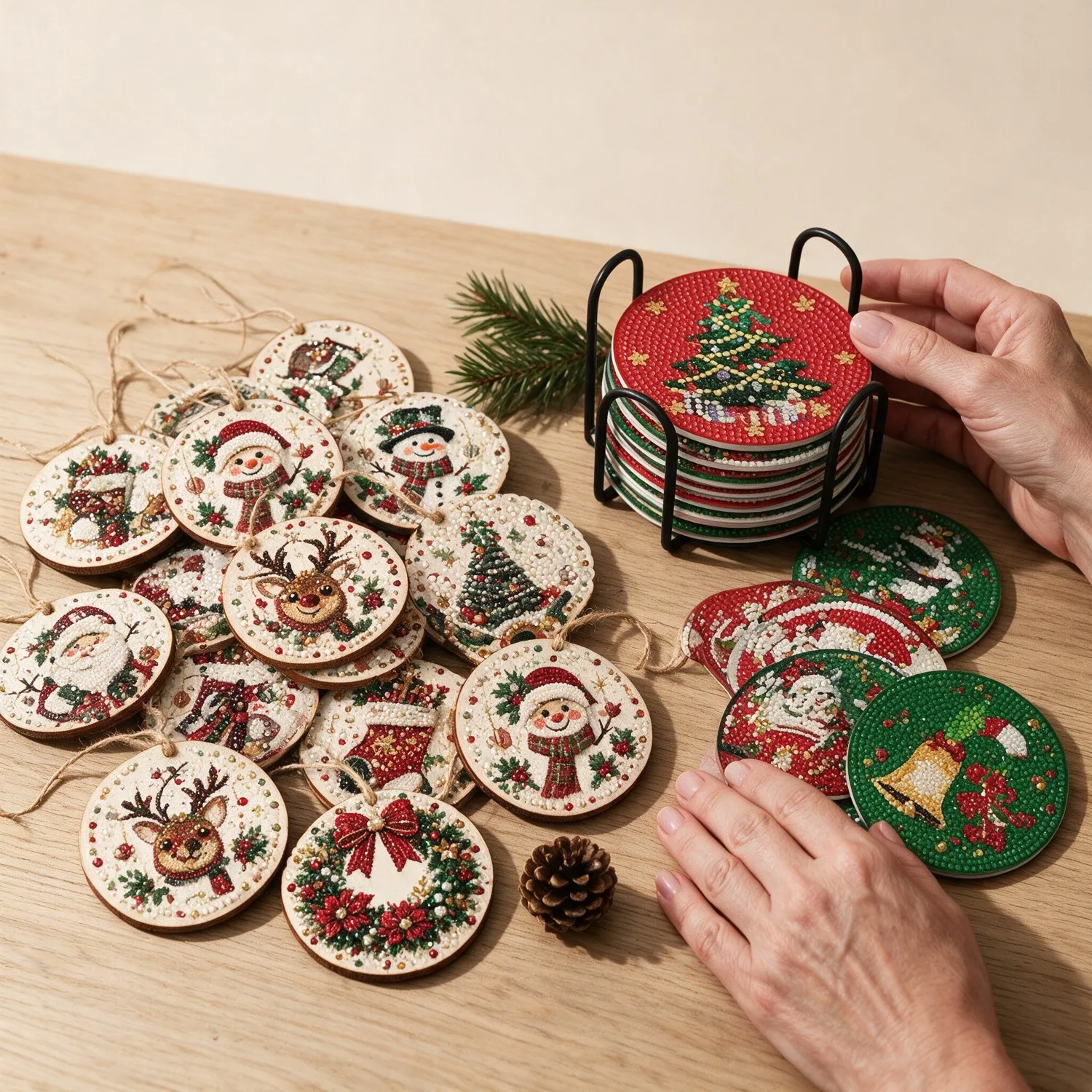 Kit Natal da Vovó: 18 Enfeites + 10 Porta-Copos de Natal com Pintura de Diamantes