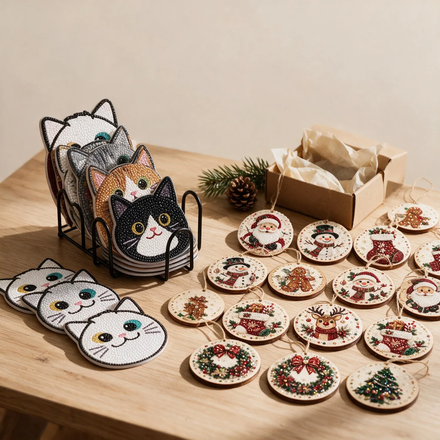 Kit Presente: 10 Porta-Copos de Gatinhos + 18 Enfeites de Natal com Pintura de Diamantes
