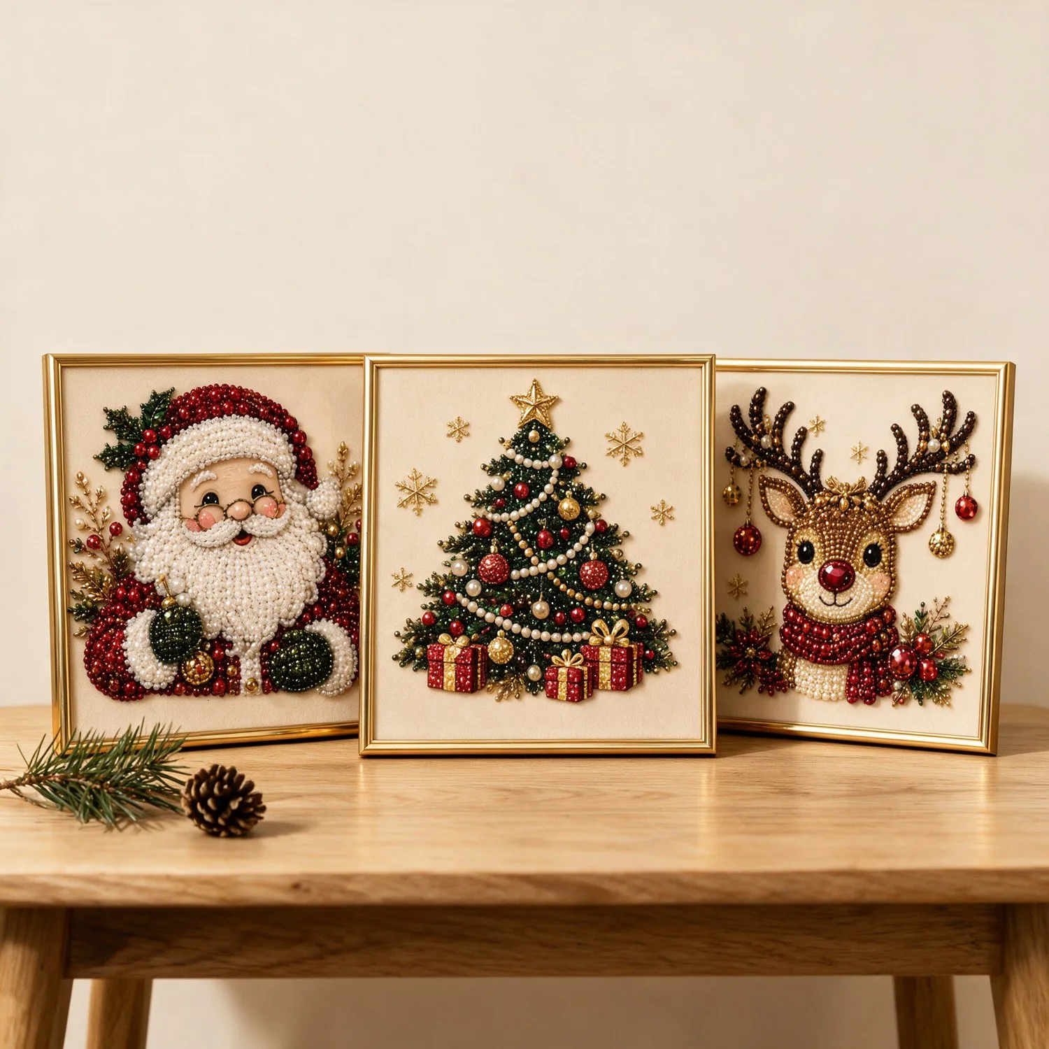 Kit 3 Quadros de Natal com Pérolas e Diamantes (Papai Noel, Rena e Árvore)