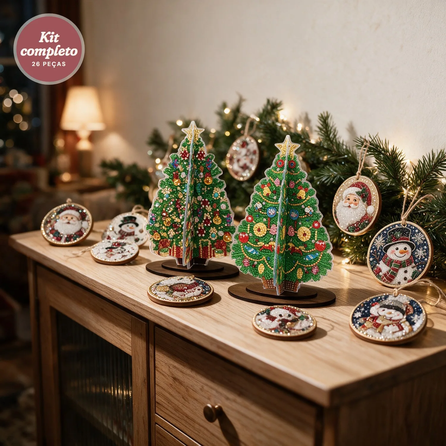 Kit Árvore de Natal da Vovó: 18 Enfeites + 2 Árvores 3D com Pintura de Diamantes + 6 Flocos de Brinde
