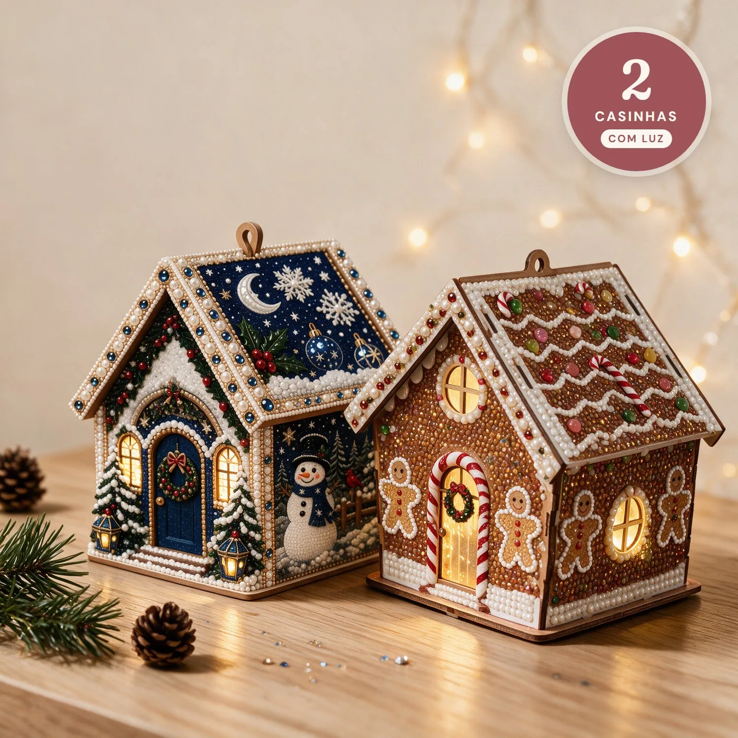 Kit 2 Casinhas de Natal 3D com Luz: Chalé de Neve e Casa de Biscoito com Pintura de Diamantes e Pérolas