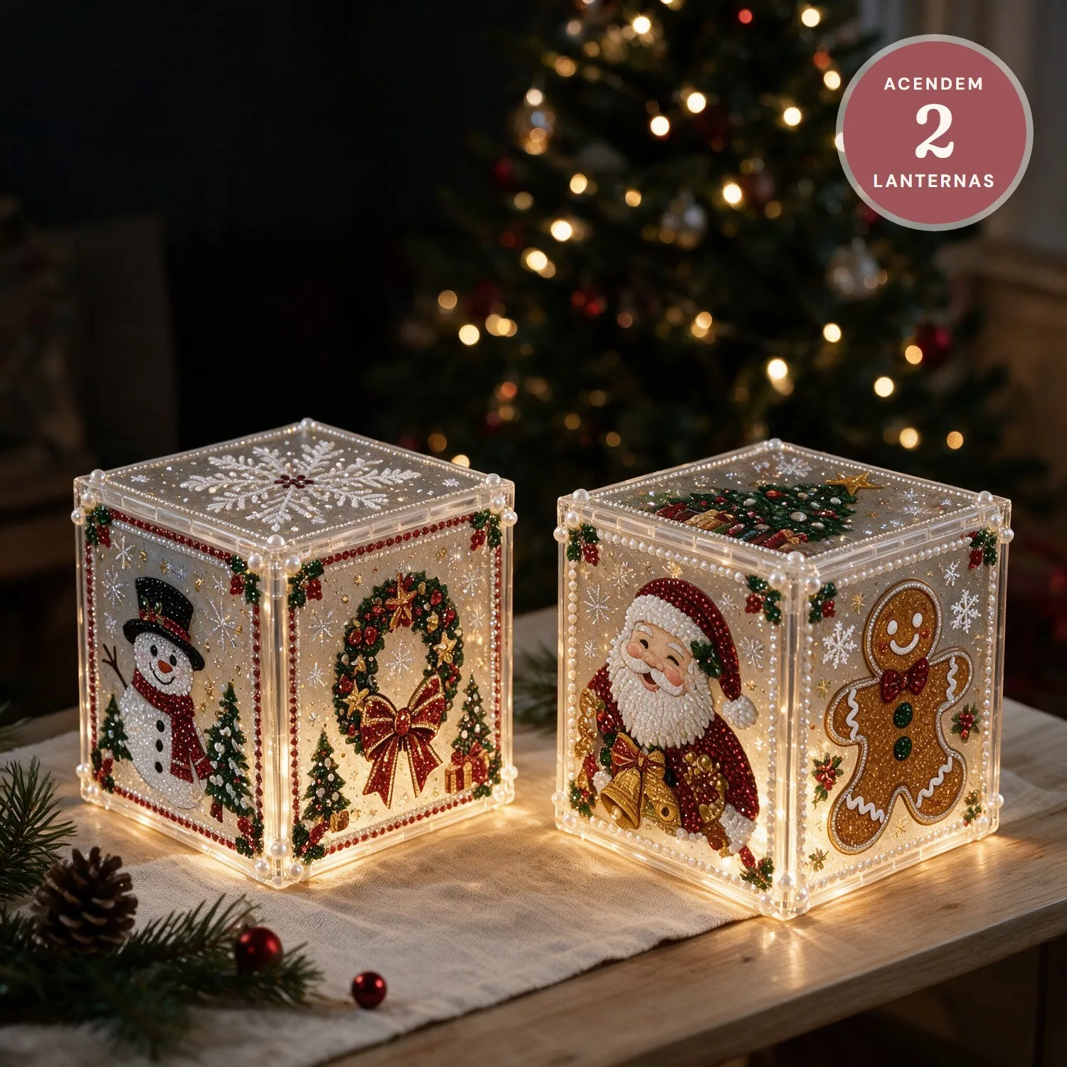 Kit 2 Lanternas de Natal 3D que Acendem, com Pintura de Diamantes