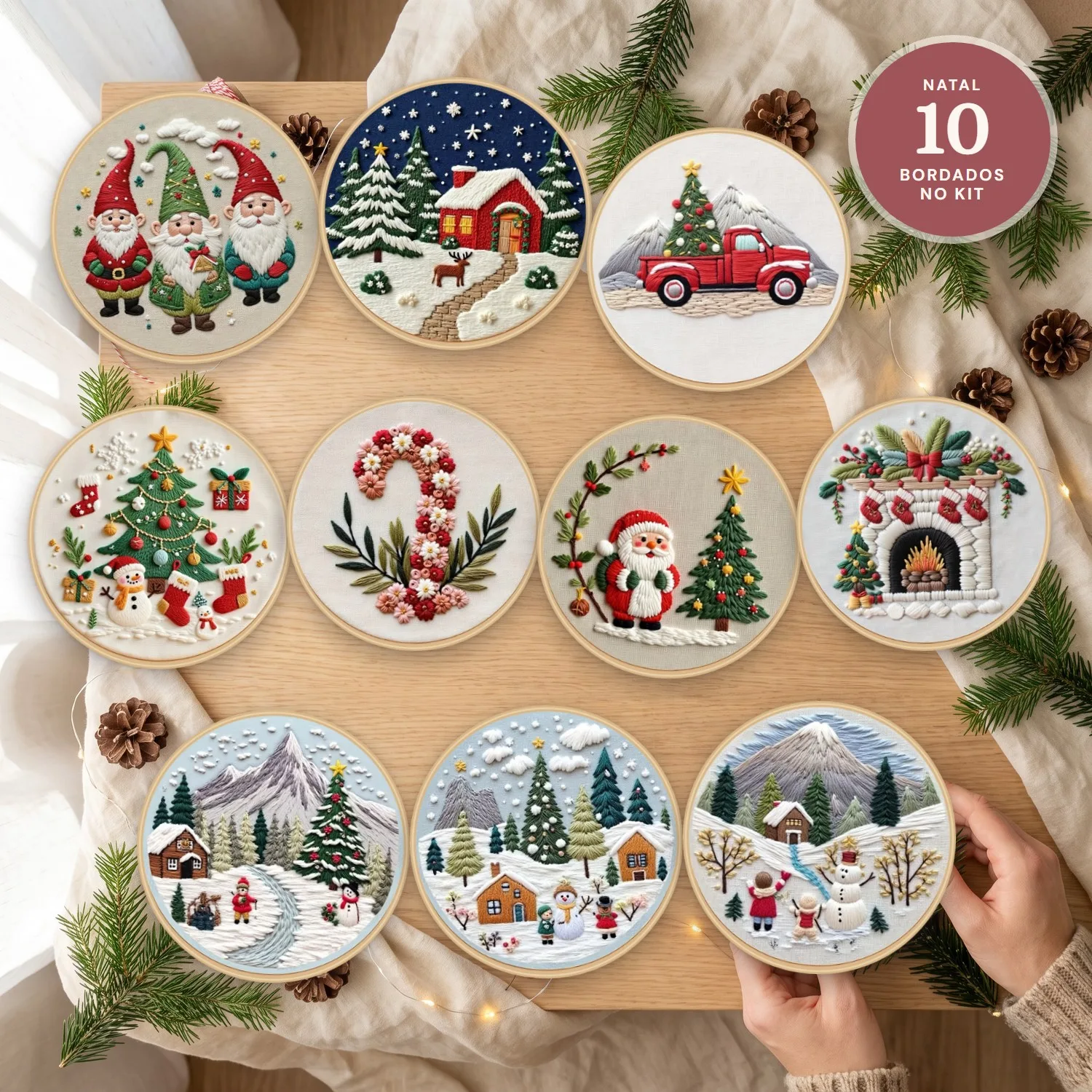 Kit 10 Bordados de Natal com Bastidor (Gnomos, Papai Noel, Vila de Neve e Mais)