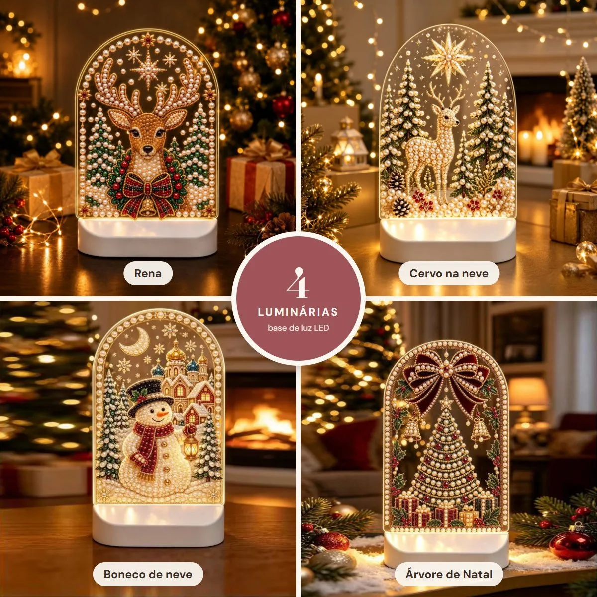 Kit 4 Luminárias de Natal LED com Pérolas e Diamantes: Rena, Cervo, Boneco de Neve e Árvore