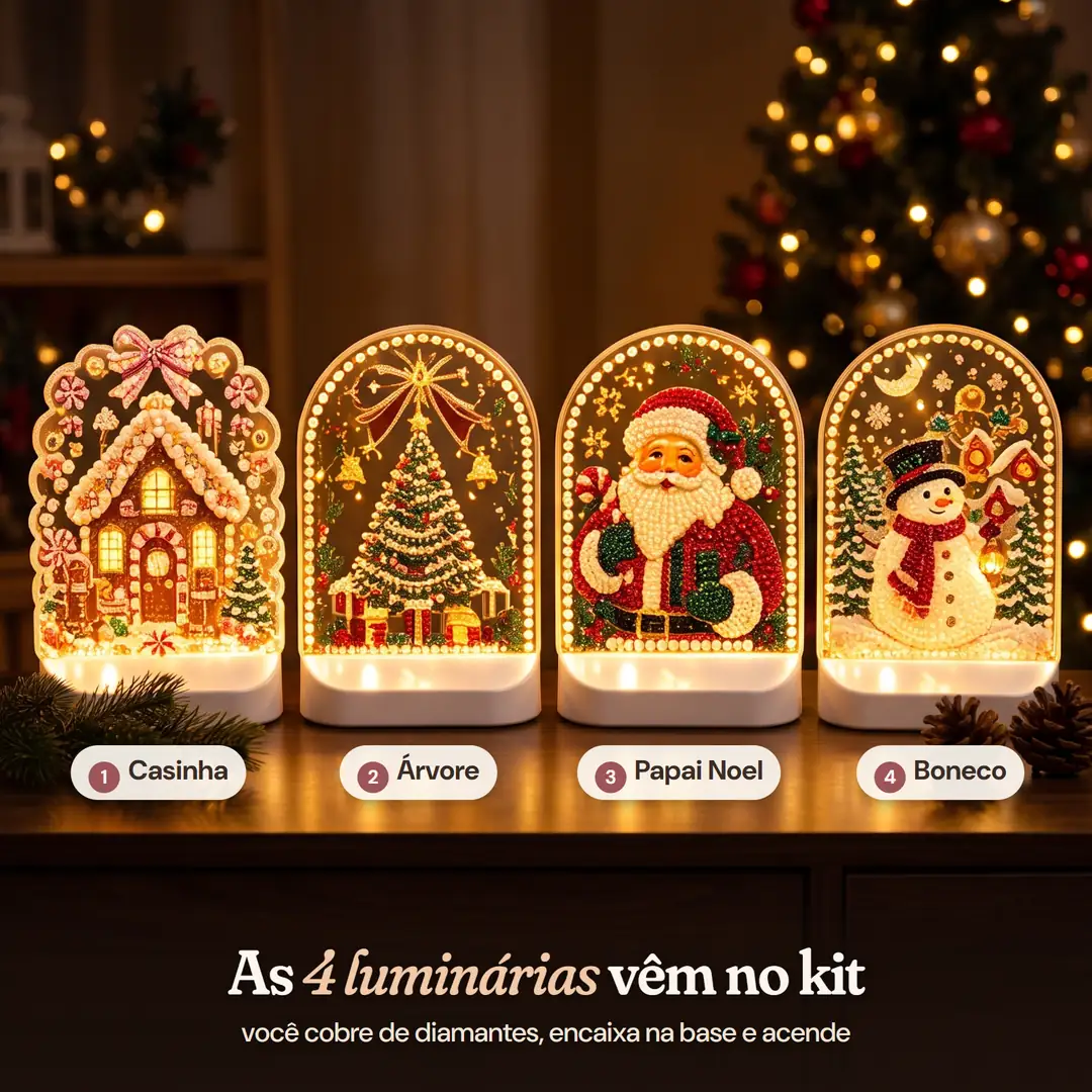 Kit 4 Luminárias de Natal LED com Pintura de Diamantes