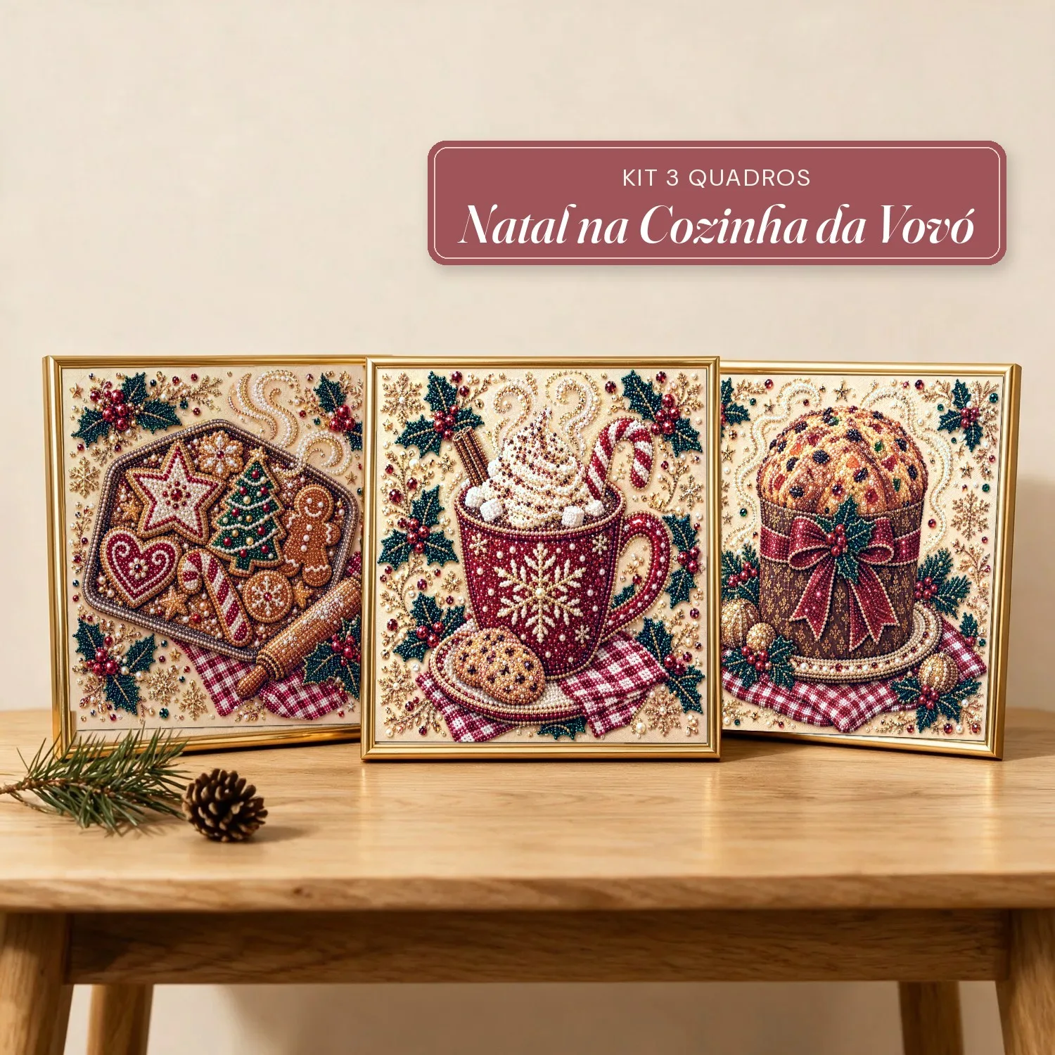 Kit 3 Quadros Natal na Cozinha da Vovó com Pérolas e Diamantes (Biscoitos, Chocolate Quente e Panetone)
