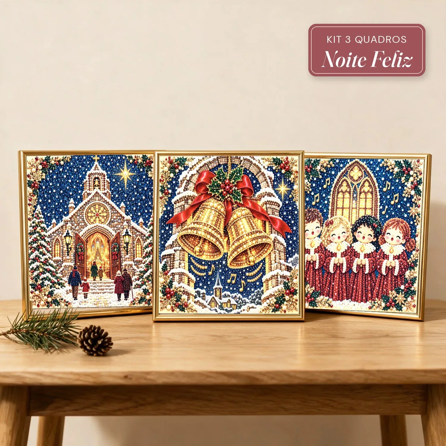 Kit 3 Quadros Noite Feliz com Pérolas e Diamantes (Missa do Galo, Sinos de Natal e Coral de Crianças)