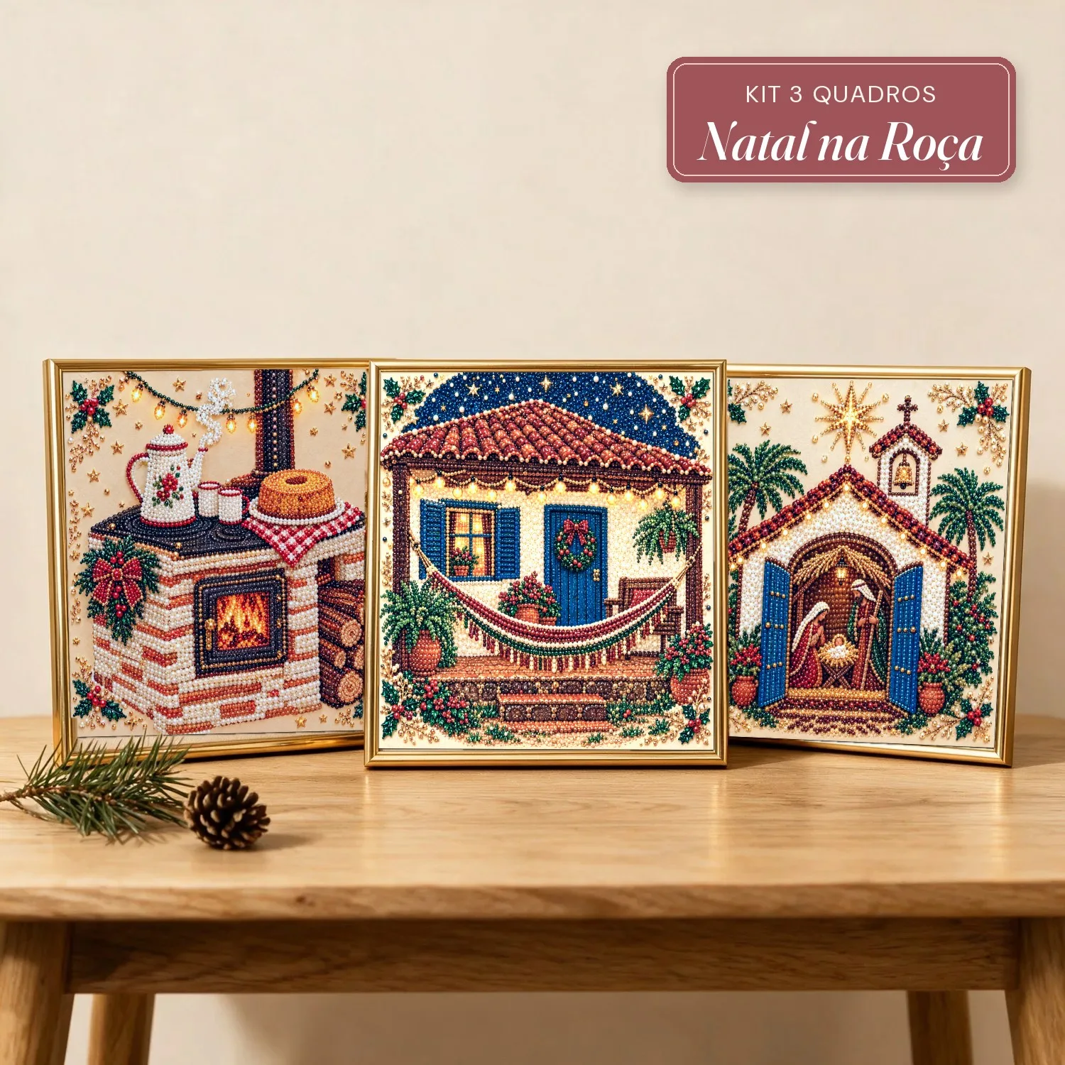 Kit 3 Quadros Natal na Roça com Pérolas e Diamantes (Fogão a Lenha, Varanda e Capelinha)