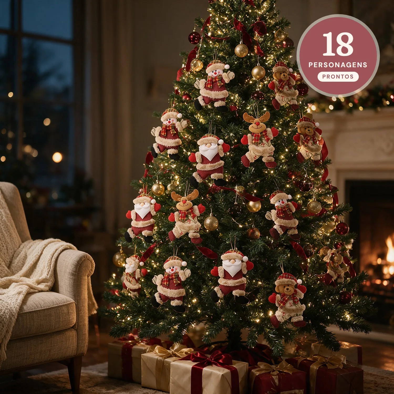 Kit 18 Enfeites de Natal de Pelúcia para a Árvore: Papai Noel, Rena, Boneco de Neve e Ursinho