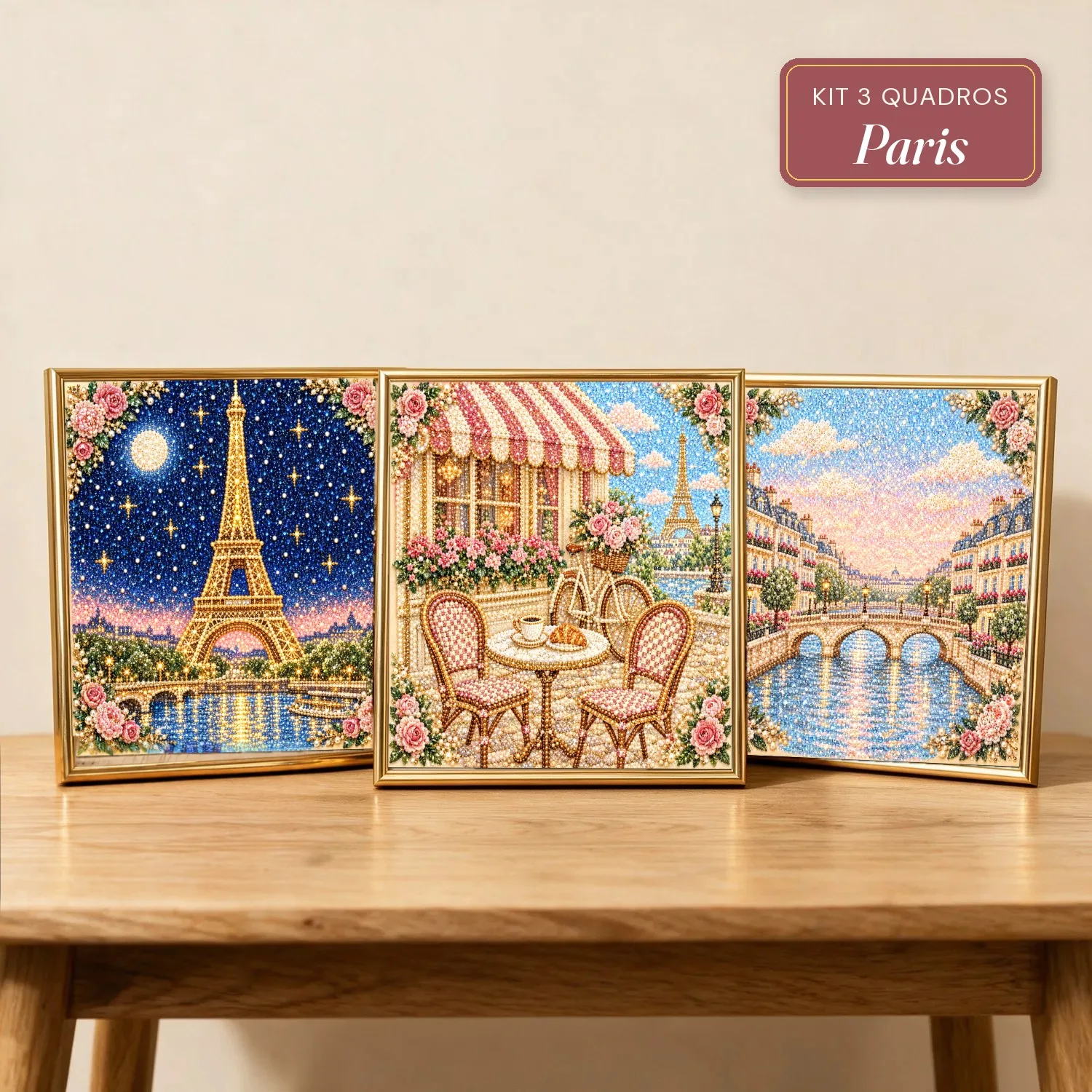 Kit 3 Quadros Paris com Pérolas e Diamantes (Torre Eiffel à Noite, Café Parisiense e Ponte sobre o Sena)