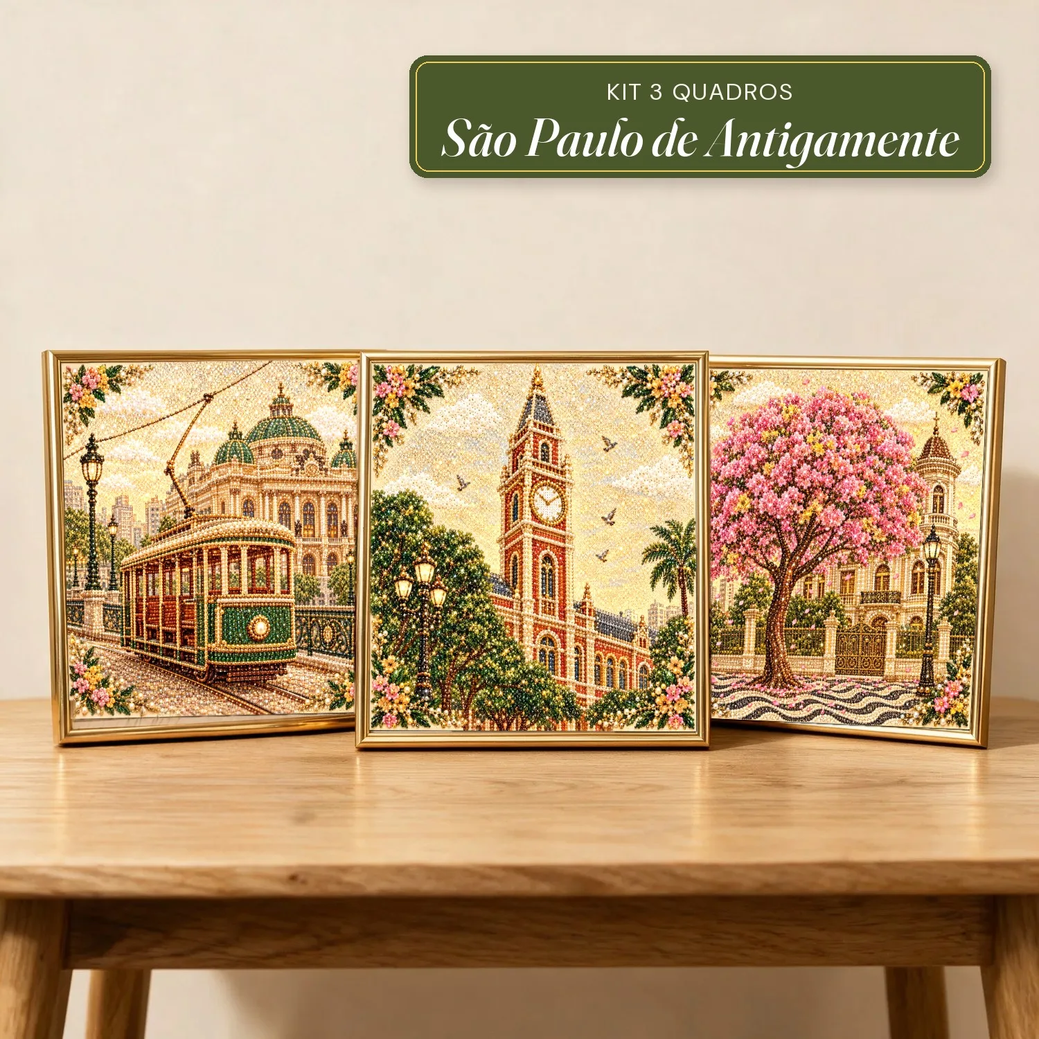 Kit 3 Quadros São Paulo de Antigamente com Pérolas e Diamantes (Bonde no Viaduto do Chá, Relógio da Estação da Luz e Ipês da Paulista)